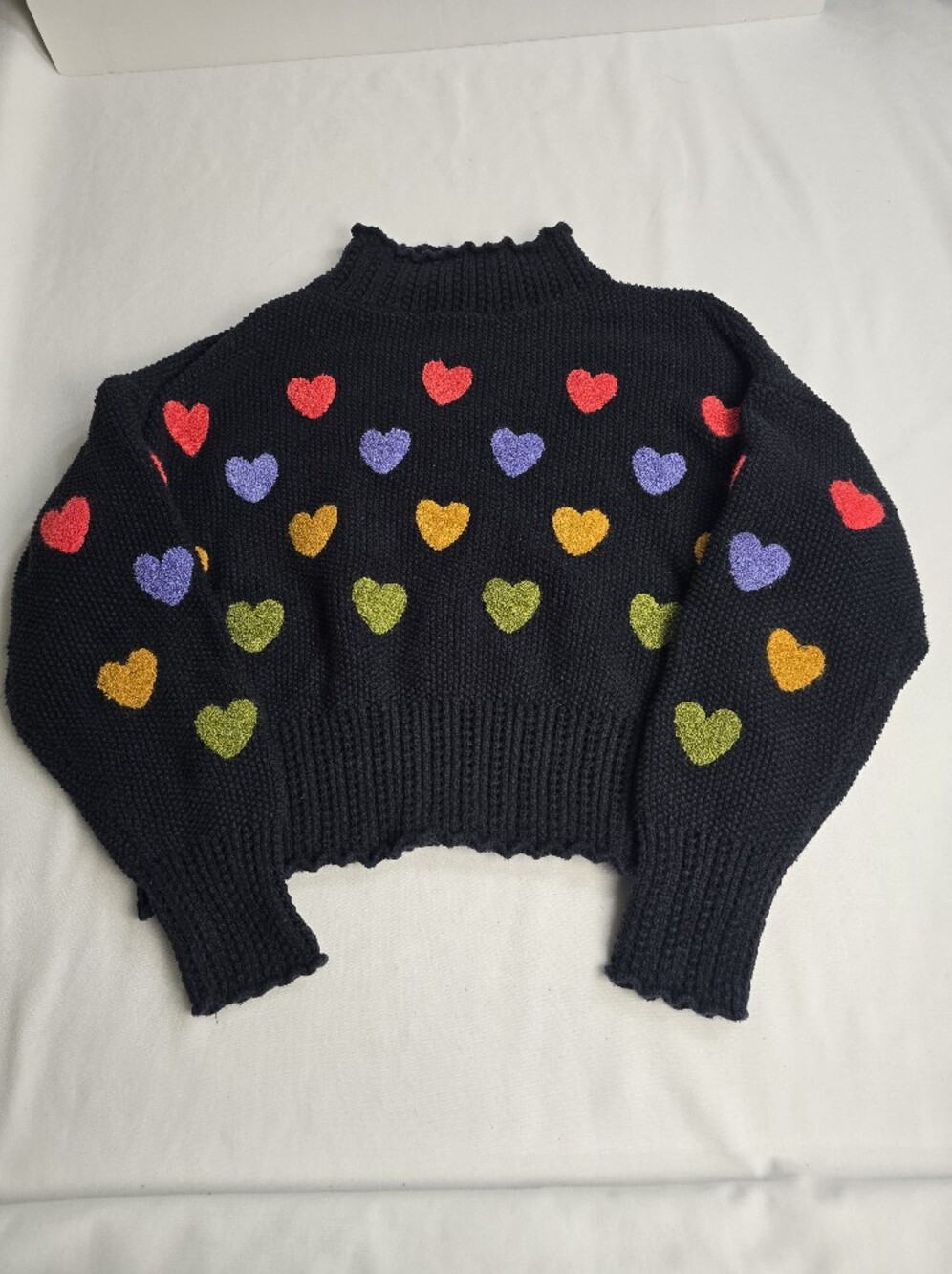 Anthropologie Black Multicolor Heart Sweater Mock Neck Chunky Knit Hearts - Picture 6 of 6